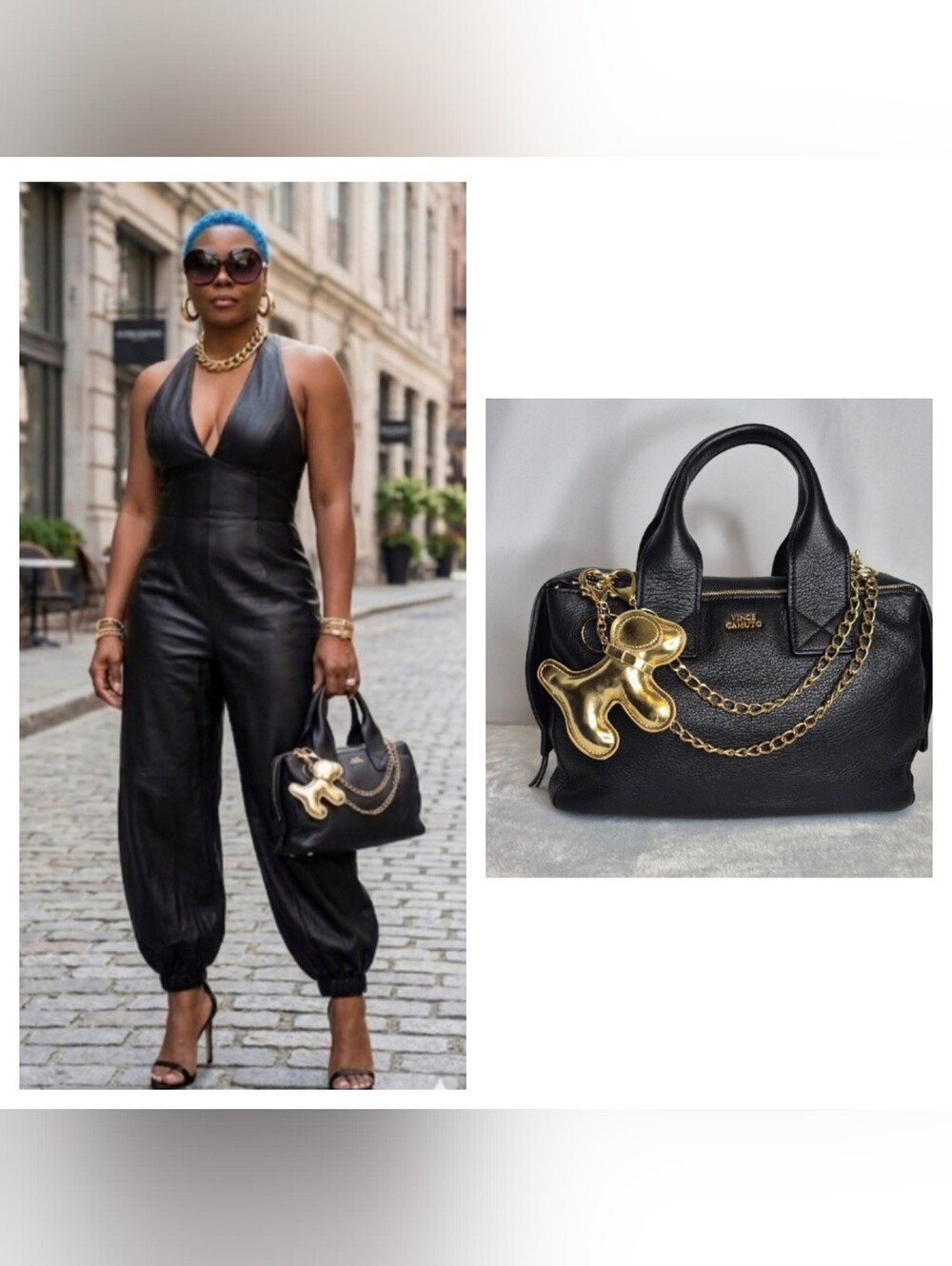 Vince Camuto Black Leather Handbag with Gold Accents